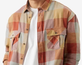 Handmade 90s Vintage Plaid Flannel Shirt: Cotton Wool Blend