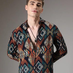 Men&#39;s geometric print button-Up shirt, Long sleeve men shirt, summer shirt, Printed button up, Gift for husband, Gift for him, hawaii shirt