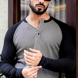 Handmade Waffle Knit Henley Men Shirt, Button Up long Sleeve Henley Shirt, Winter Button Shirt, Vintage men henley shirt, Gift for him