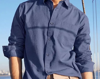 Cotton Linen Mens Shirt: Button-Down Collar, Sustainable Fabric