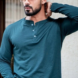 Vintage green cotton slub self design button up henley men&#39;s shirt