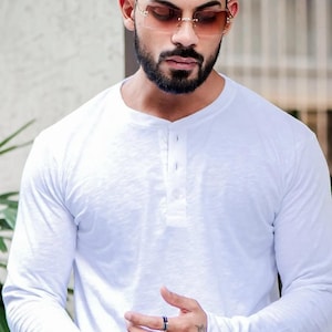 Vintage white cotton slub self design button up henley men&#39;s shirt