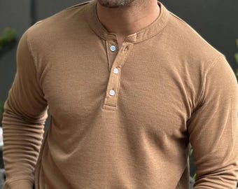 Men's Long Sleeve Henley Shirt – Waffle Knit Button Tee, Casual Fall Top With Contrast Stitching - View #11