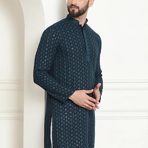 Sequinned Purple Long Kurta, Chikankari Kurta, Cotton indian Embroidered kurta, Ethnic long sleeve kurta, Wedding kurta, Party wear kurta.