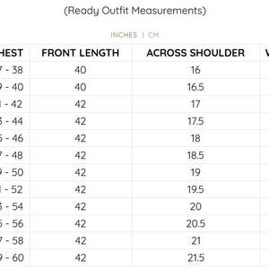 Pode incluir: Um gr&aacute;fico branco com texto preto detalhando as medidas de roupas prontas em polegadas e cm. O gr&aacute;fico inclui medidas de peito, comprimento da frente, ombro, cintura e quadris para tamanhos XS/34 a 8XL/56.