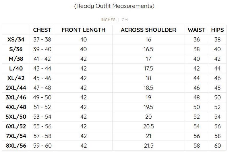 Pode incluir: Um gr&aacute;fico branco com texto preto detalhando as medidas de roupas prontas em polegadas e cm. O gr&aacute;fico inclui medidas de peito, comprimento da frente, ombro, cintura e quadris para tamanhos XS/34 a 8XL/56.