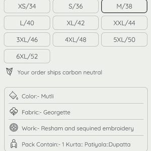 Pode incluir: Gr&aacute;fico de informa&ccedil;&otilde;es do produto com op&ccedil;&otilde;es de tamanho de XS/34 a 6XL/52. O tamanho selecionado &eacute; M/38. Os detalhes incluem cor, tecido, trabalho e conte&uacute;do da embalagem. O texto indica que o pedido &eacute; enviado com emiss&otilde;es neutras de carbono.