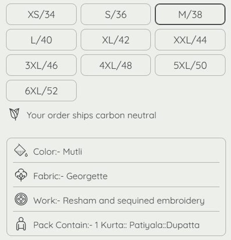 Pode incluir: Gr&aacute;fico de informa&ccedil;&otilde;es do produto com op&ccedil;&otilde;es de tamanho de XS/34 a 6XL/52. O tamanho selecionado &eacute; M/38. Os detalhes incluem cor, tecido, trabalho e conte&uacute;do da embalagem. O texto indica que o pedido &eacute; enviado com emiss&otilde;es neutras de carbono.