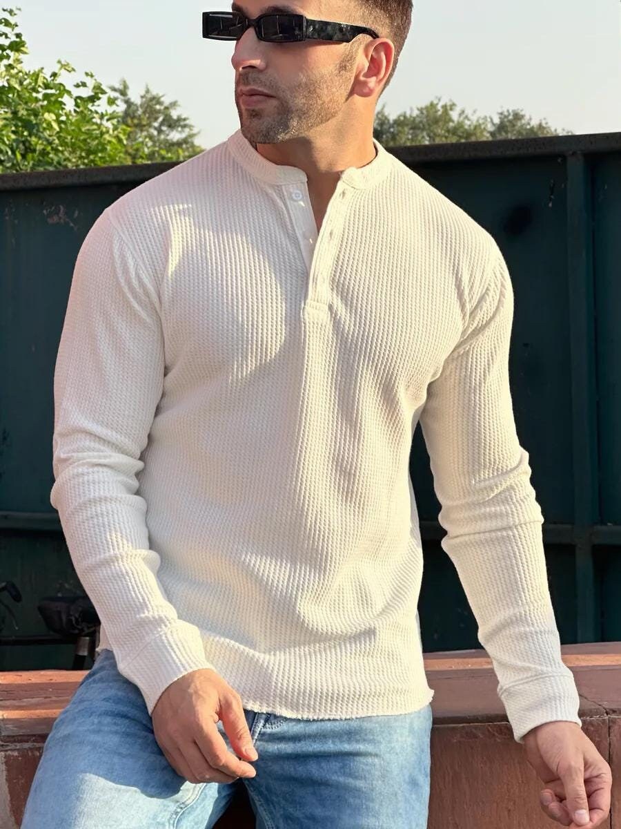 Herren Langarm Henley Shirt - Vintage Slim Fit Mit 8 Knöpfen Und V-Ausschnitt