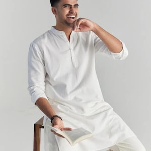 White Airy Linen Long Kurta, Linen men&#39;s kurta, Solid kurta, Ethnic Indian kurta for men, M,XL,2XL,3XL,4XL kurta, Summer men button kurta