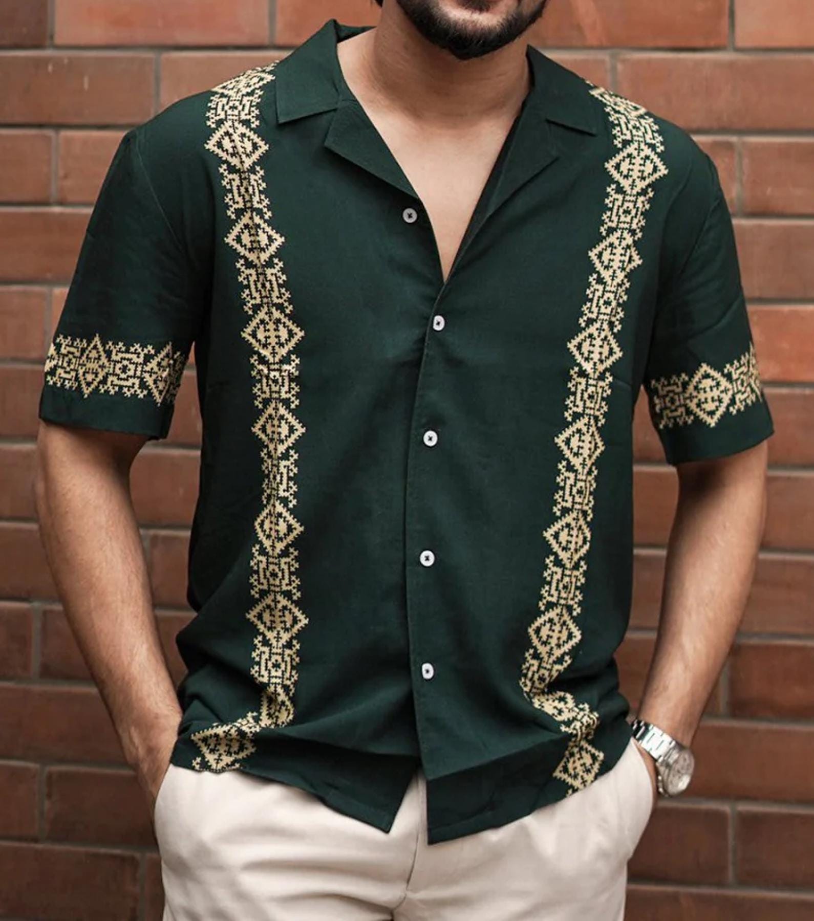 Men's Brown Panel Rayon Shirt: Short Sleeve Festive Button-up - Etsy