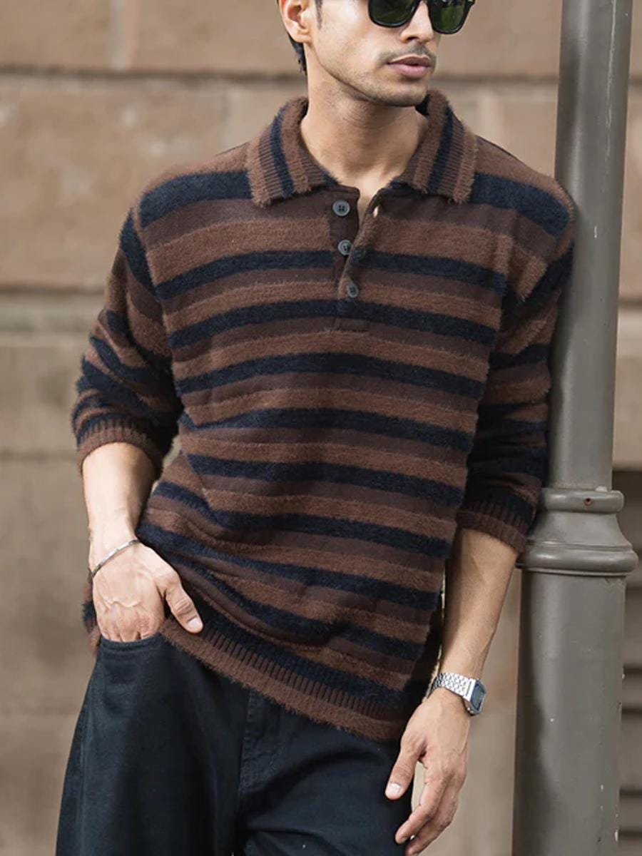 Dark Brown Striped Polo Sweater - Vintage 80s/90s Style - Etsy