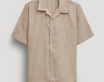 Linnen herenshirt met kampkraag - grijs strandhuwelijksshirt