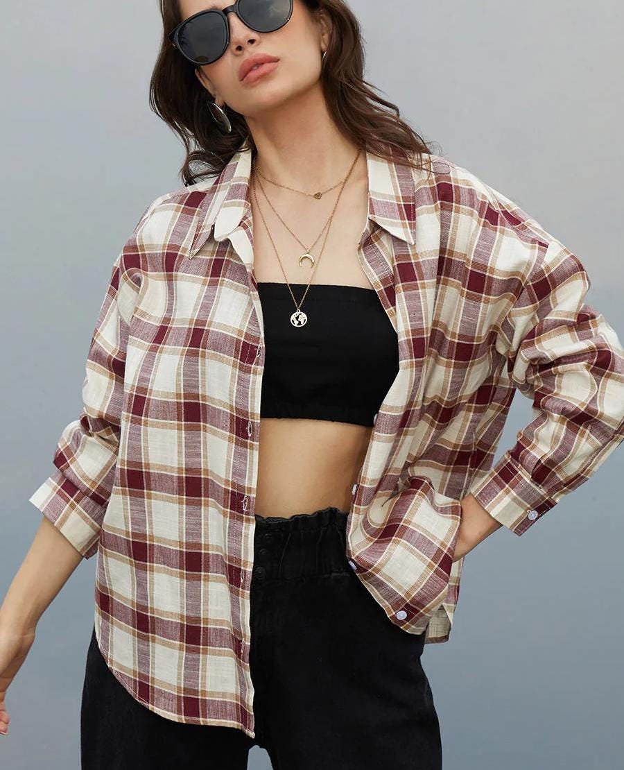 Tartan Plaid Oversized Flannel Shirt, Women flannel shirt, Button down women shirt, Curved pattern women top, Gift for her, Women's gift