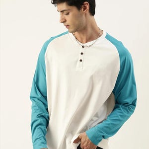 Handcrafted men henley shirt, Cotton Raglan button up henley men shirt, Best gift for men, Vintage style long sleeve men&#39;s henley shirt.