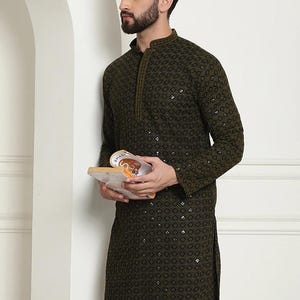 Sequinned Olive Long Kurta, Chikankari Kurta, Cotton indian Embroidered kurta, Ethnic long sleeve kurta, Wedding kurta, Party wear kurta.