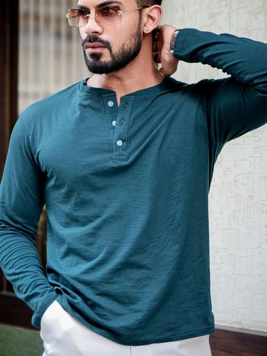 ORANDESIGNE Camicia Di Lino Da Uomo Camicia Con Colletto A 4 Bottoni Classiche Tinta Unita - Foto 3