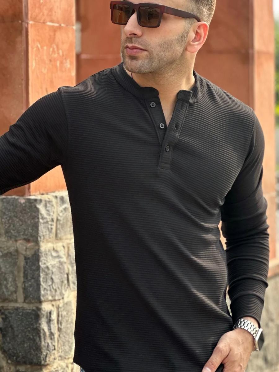 Men's Long Sleeve Henley Shirt – Waffle Knit Button Tee, Casual Fall Top With Contrast Stitching - View #8