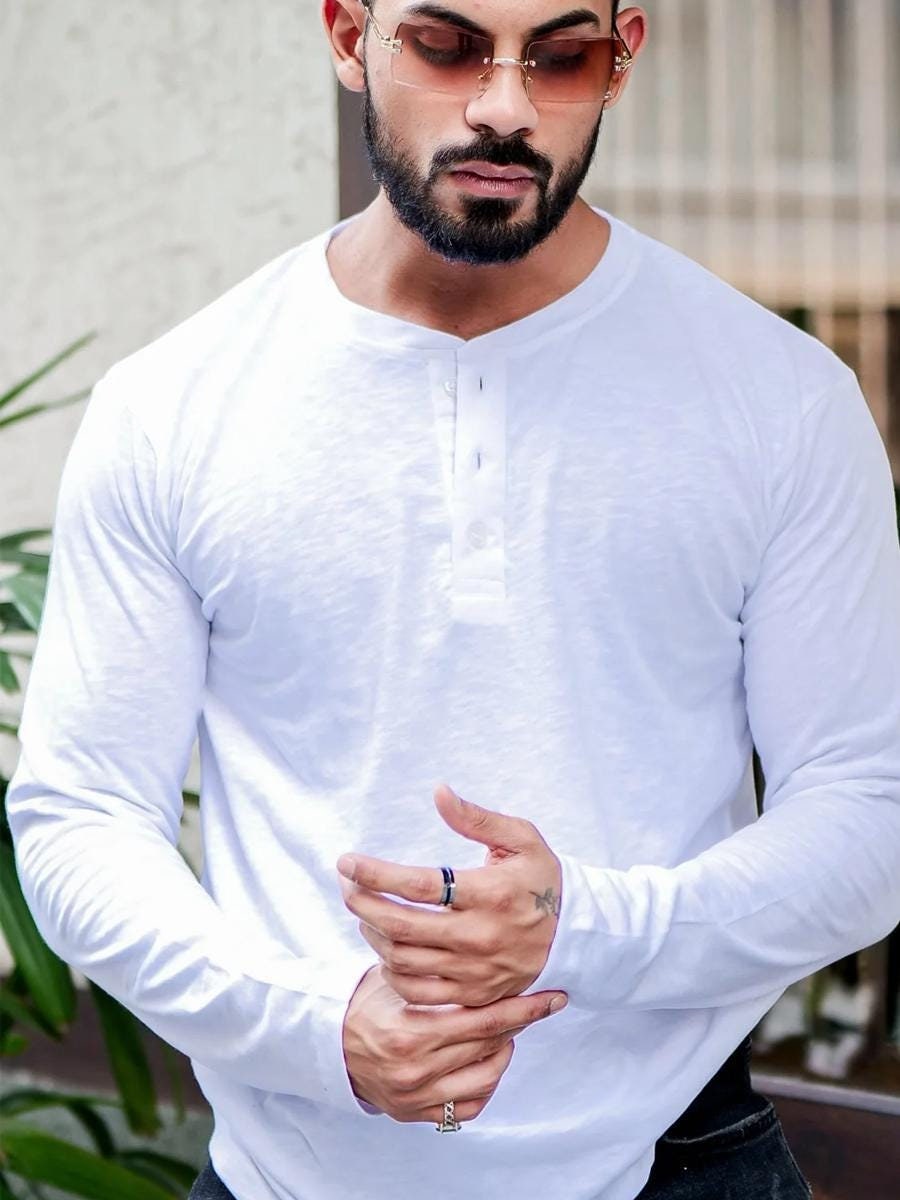 ORANDESIGNE Camicia Di Lino Da Uomo Camicia Con Colletto A 4 Bottoni Classiche Tinta Unita - Foto 6