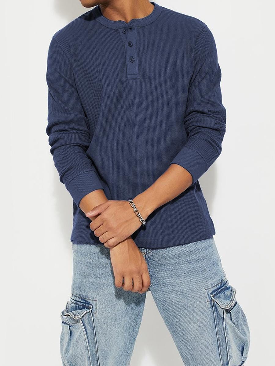 Henley thermique vintage en tricot gaufré court gris | XXS TP