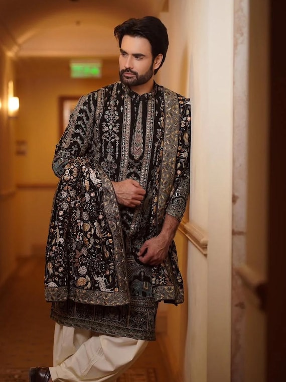 Embroidered Black Groom Kurta Patiala Set: Mughal Wedding Sherwani