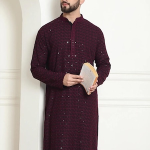Sequinned Purple Long Kurta, Chikankari Kurta, Cotton indian Embroidered kurta, Ethnic long sleeve kurta, Wedding kurta, Party wear kurta.