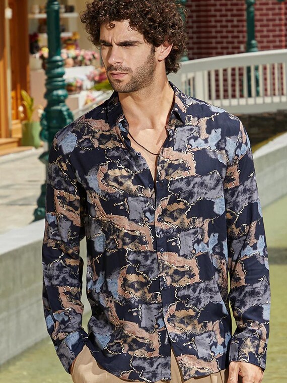 Long Sleeve Button Designer Button Down Earth Tone Abstract Print Men's Long  Sleeve Button-up Shirt