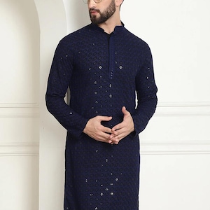 Men Sequinned Blue Long Kurta, Chikankari Kurta, Cotton indian Embroidered kurta, Ethnic long sleeve kurta, Wedding kurta, Party wear kurta.