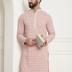 Sequinned Pink Long Kurta, Chikankari Kurta, Cotton indian Embroidered kurta, Ethnic long sleeve kurta, Wedding kurta, Party wear kurta.