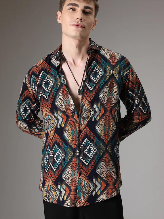 Men's Geometric Print Button-up Shirt, Long Sleeve Men Shirt
