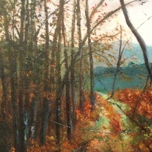 May include: A painting of a forest path with trees on either side. The path is covered in fallen leaves in shades of red, orange, and brown. The trees are mostly bare, but some have a few leaves left. The background is a hazy blue.