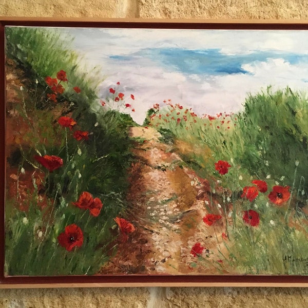 Coquelicots en Sarladais (24) : Peinture à l’huile Impressionniste décorative contemporaine sur toile.