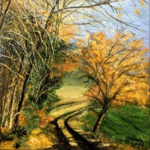 May include: A painting of a winding dirt road through a forest. The trees are bare and the leaves are a mix of brown and yellow. The sky is a light blue.
