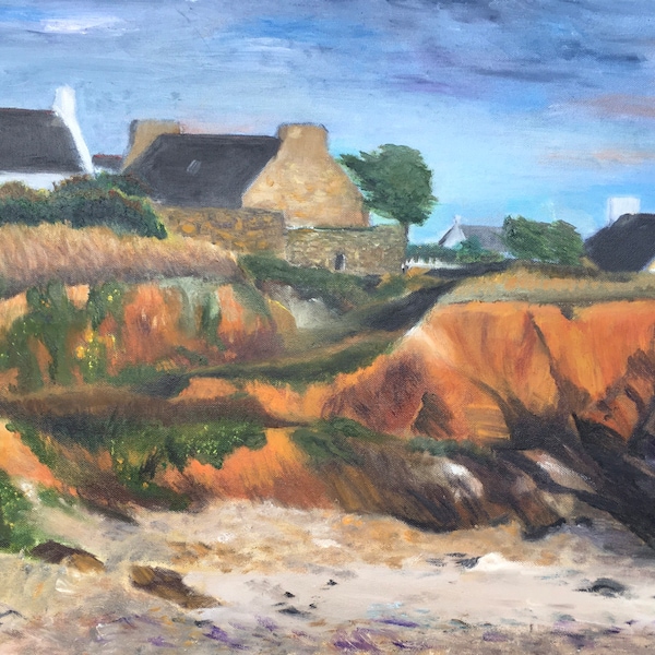 Peinture murale à l’huile Impressionniste décorative contemporaine sur toile : Maisons sur la côte - Plozévet 29 Bretagne