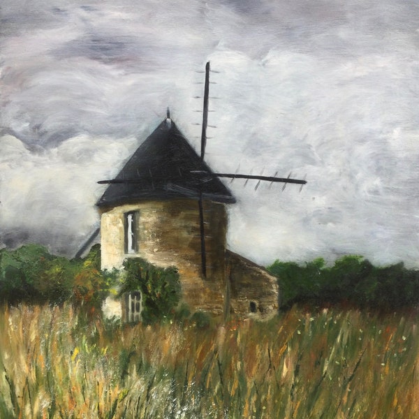 Hedendaagse decoratieve impressionistische olieverf muurschildering op doek : Moulin à Île de Ré , Charente maritime (17)