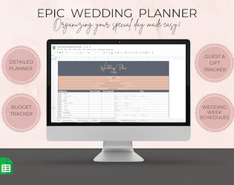 Epic Wedding Planner includes Checklist, Wedding Timeline, Guest List, Budget Tracker, Budget Charts, and Wedding Week Schedule Templates