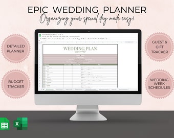 May include: A computer screen displaying a wedding planner spreadsheet with the title "Wedding Plan". The spreadsheet is divided into columns with headings such as "Wedding Items", "Date & Time", "Venue", "Contact Person", and "Notes". The spreadsheet is surrounded by four pink circles with text that reads "Detailed Planner", "Budget Tracker", "Guest & Gift Tracker", and "Wedding Week Schedules".