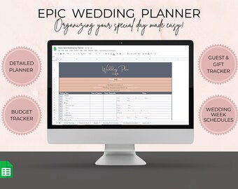 Può includere: Uno schermo di computer che mostra un foglio di calcolo per la pianificazione di un matrimonio con schede per un pianificatore dettagliato, un tracker di budget, un tracker di ospiti e regali e gli orari della settimana di nozze. Il foglio di calcolo ha uno schema di colori rosa e grigio e il testo "Wedding Plan" è in alto.