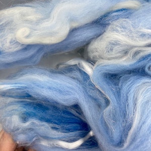 Puede incluir: Primer plano de un mont&oacute;n de fibra suave y esponjosa en tonos azules y blancos. La fibra tiene una textura delicada y aireada, con hebras de purpurina plateada entretejidas. El efecto general es et&eacute;reo y similar a una nube, perfecto para manualidades.