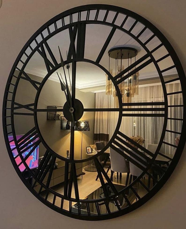 Real Mirror ClockBlack Large Wall clock Modern Clocks for Etsy