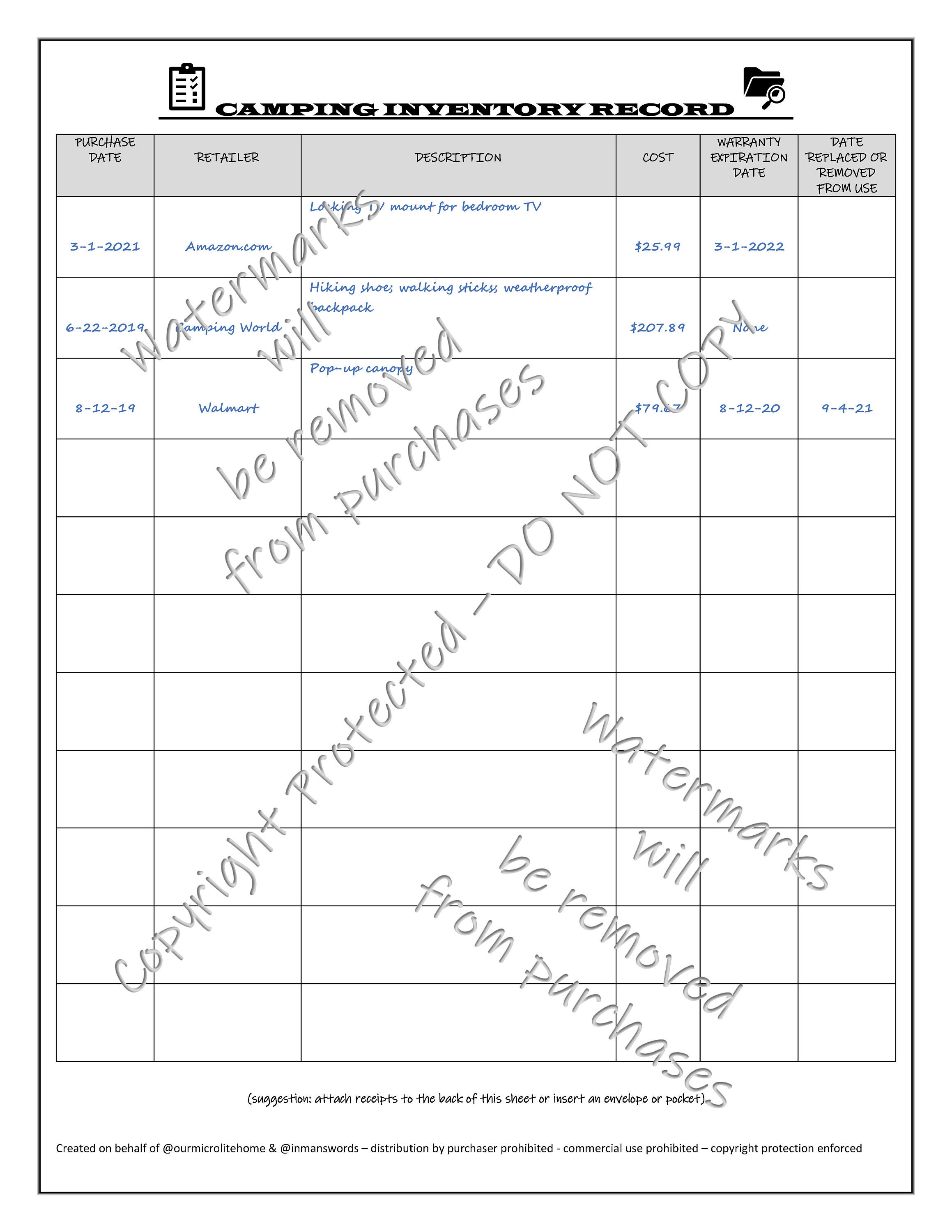 Camping Inventory Record digital printable PDF camping Etsy
