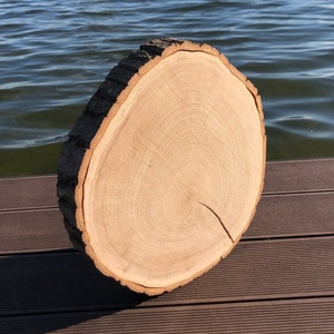 Op de afbeelding: Een grote, ronde houten schijf met een natuurlijk houtnerfpatroon. De schijf ligt op een bruin houten oppervlak in de buurt van een waterpartij.