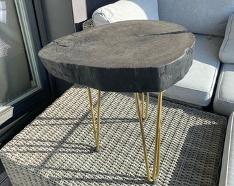 Burnt Black Oak Coffee Table Round Slice Of Wood Oak Home Decor Yaki Sugi Handmade Oak Table Loft Table Gold Hairpin Legs Lake House Gift