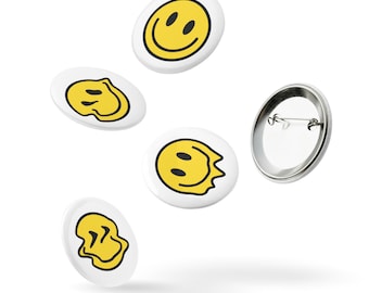 Smiley Face Pin Buttons: Glossy Mylar Coating, Set of 5