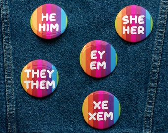 Pronoun Pin Buttons: Rainbow Pride, Set of 5