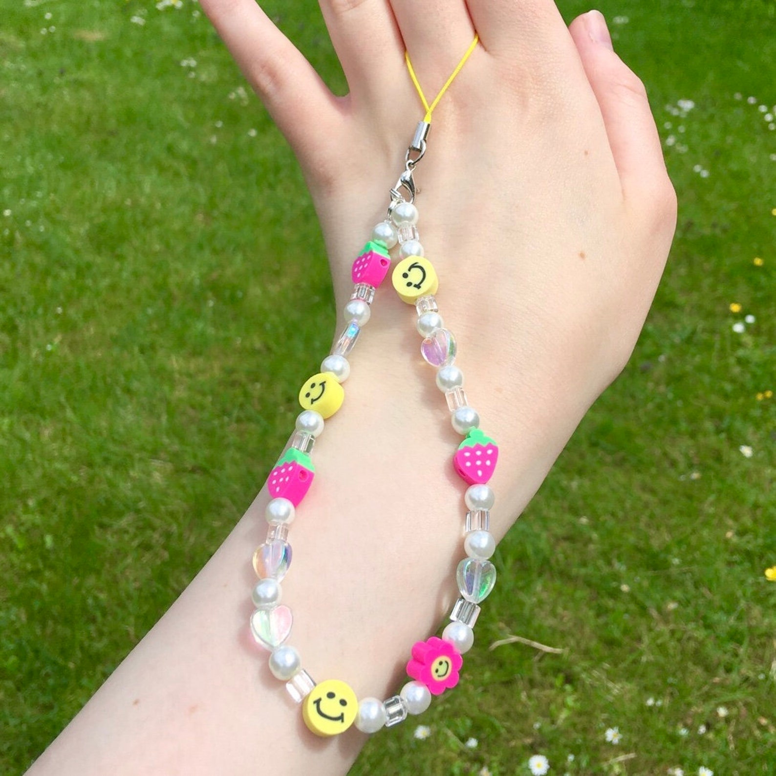 Y2k phone beads/ beaded phone charm pink yellow white Etsy