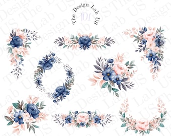 Blush Pink & Navy Blue Floral Clipart Frame Spring Wreath Border Template PNG Floral Clip Art Instant Download Set of 8