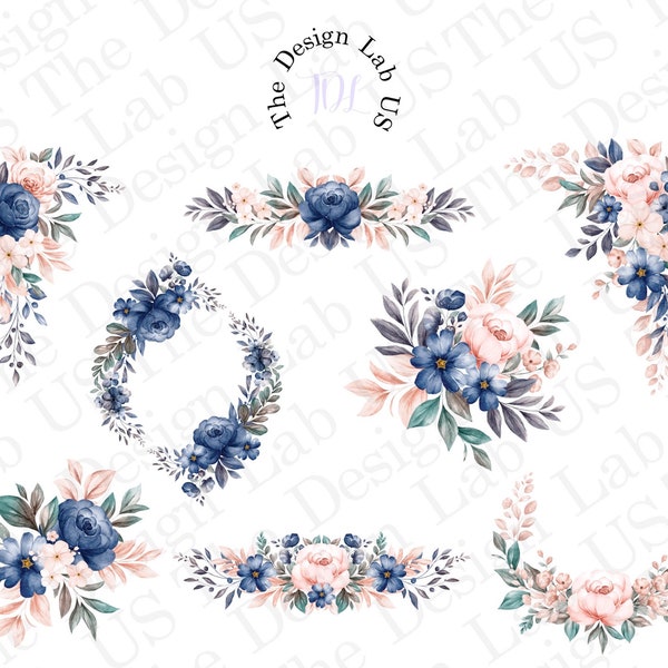 Blush Pink & Navy Blue Floral Clipart Frame Spring Wreath Border Template PNG Floral Clip Art Instant Download Set of 8