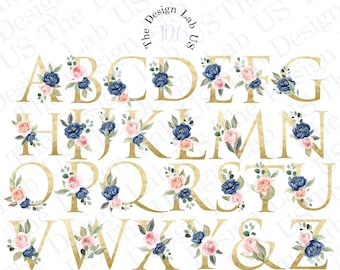 Floral Pink, Navy Blue & Gold Alphabet Clipart, Letters Clipart, Wedding Invitation Clipart, Instant Download