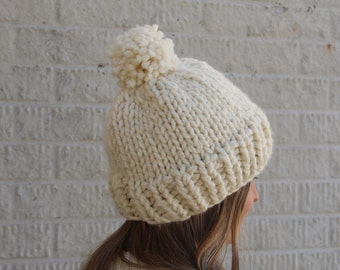 Super Chunky Wool Knit Beanie, Women’s Knit Winter Hat, Thick Unisex Knit Hat, Pom Pom Hat